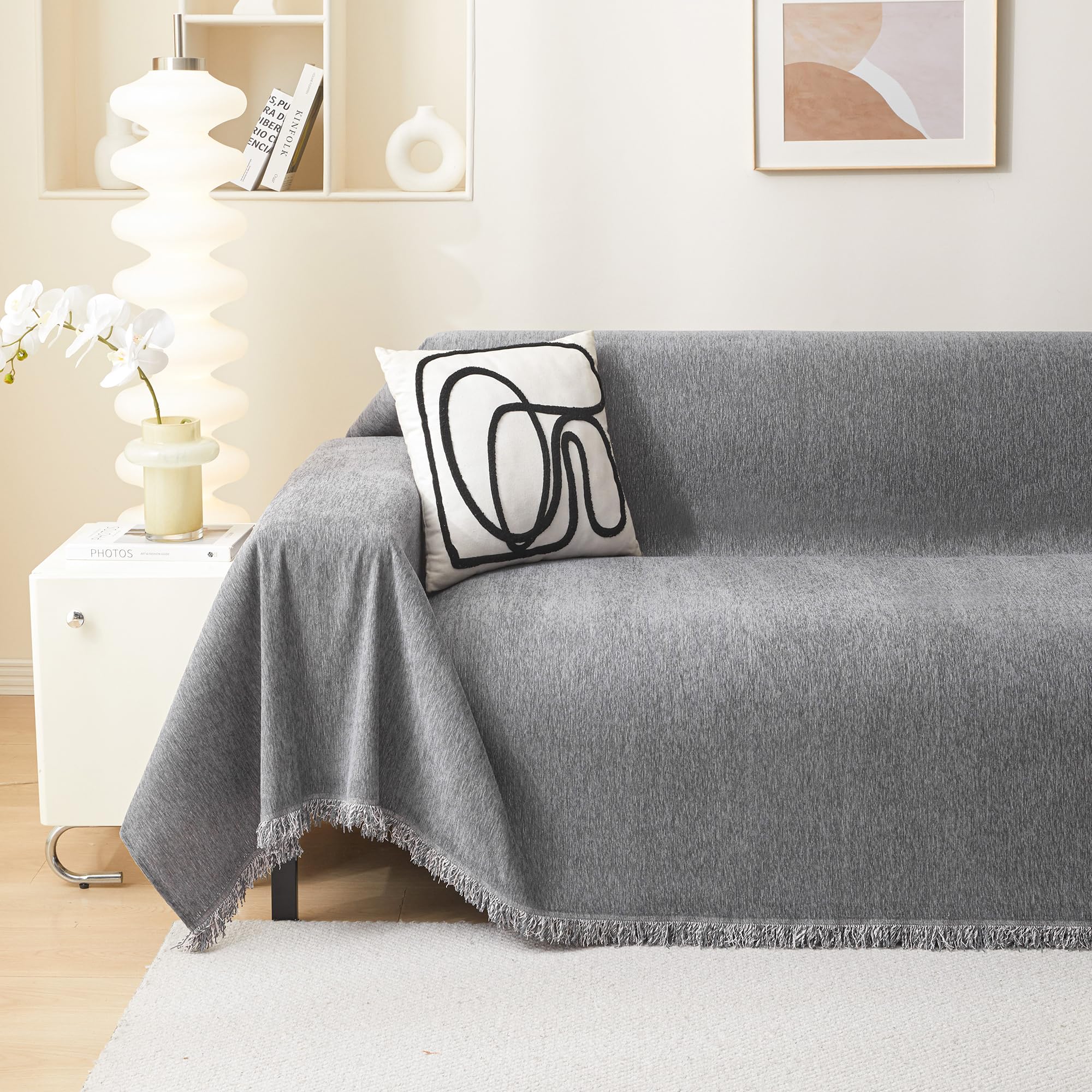 Meetsky Grey Sofa Cover For Dogs Cats Tassel Edge Couch Cover Furniture Protectors Universal Couch Cover Thick Durable Sectional